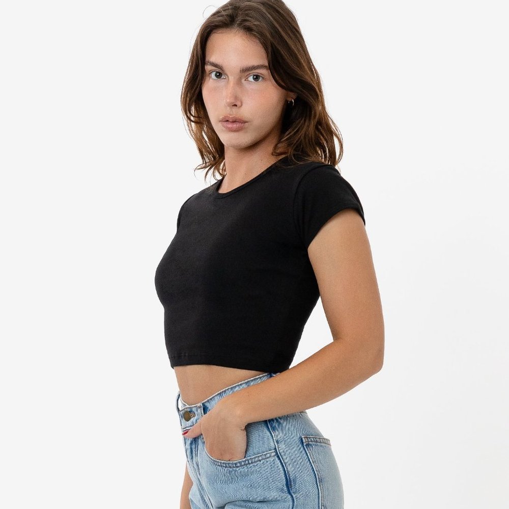 Los Angeles Apparel American CAP SLEEVE BABY RIB CROP TOP T-Shirt Black Small